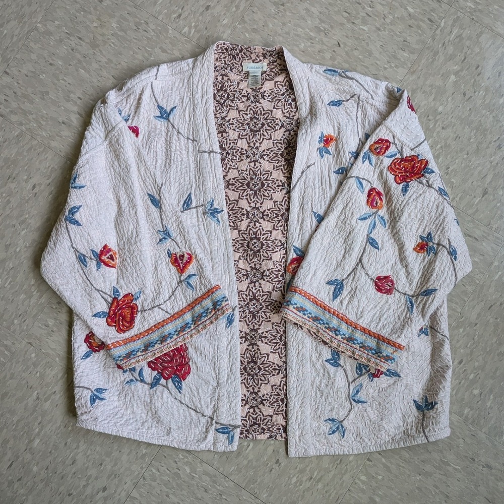 Sundance Women Cream Floral Sashiko Embroidered Kimono Jacket Cotton Large - Picture 3 of 8